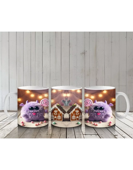 Cadı Şapkası Takmış Sevimli Hayaletler ve Kurabiye Ev Temalı Cadılar Bayramı Baskılı Kupa