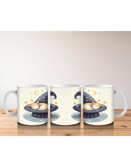 Cadı Şapkası ve Mum Işığı Figürlü Minimal Cadılar Bayramı Baskılı Kupa