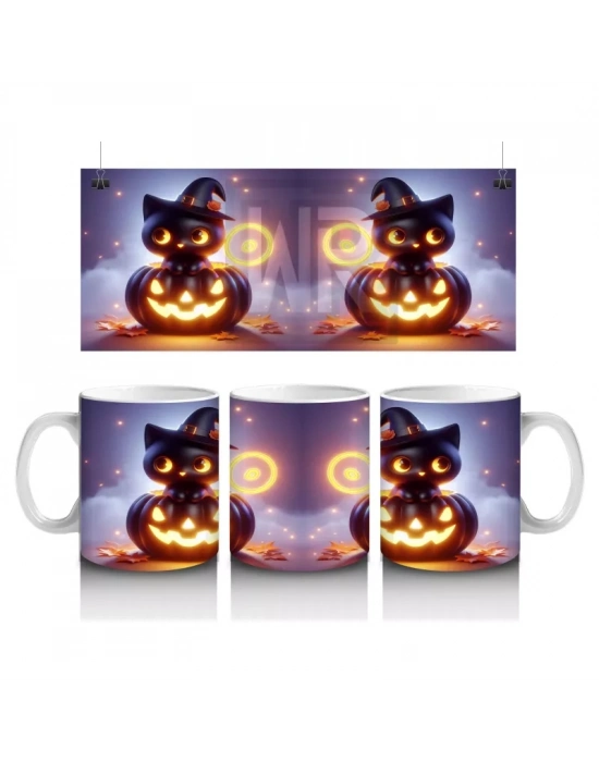 Cadılar Bayramı Temalı Siyah Kedi ve Balkabağı Işıltılı Baskılı Kupa Bardak