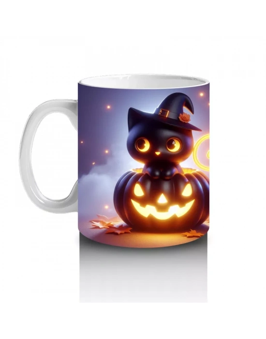 Cadılar Bayramı Temalı Siyah Kedi ve Balkabağı Işıltılı Baskılı Kupa Bardak