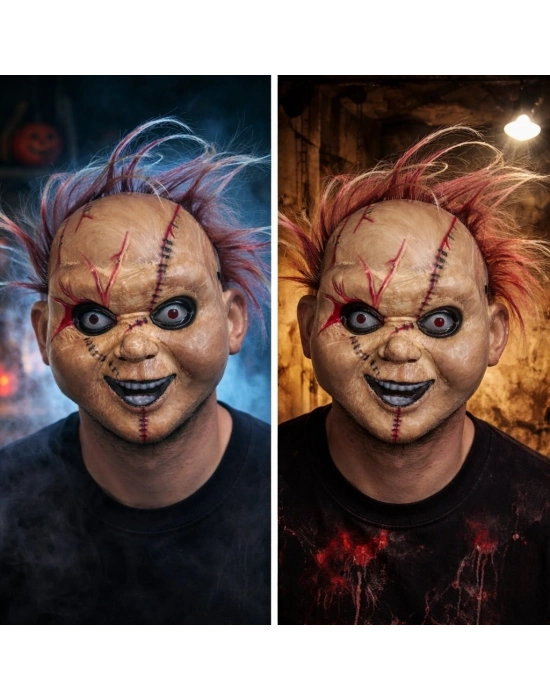 Çaki Korku Bebek Maskesi – Saçlı Plastik Yüz Maskesi