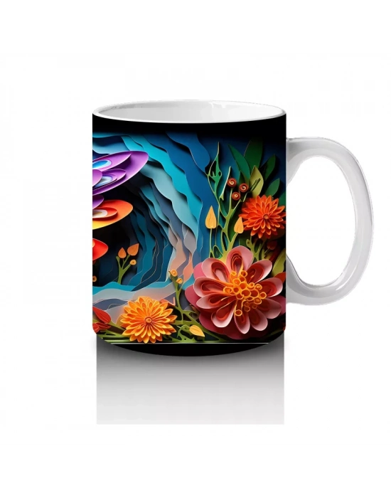 Canlı Çiçekler Arasında Renkli Kelebek – Baskılı Kahve Kupası