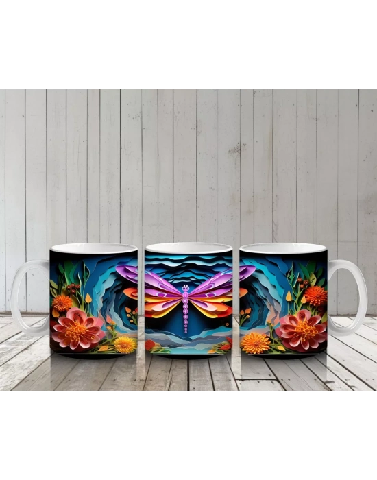 Canlı Çiçekler Arasında Renkli Kelebek – Baskılı Kahve Kupası