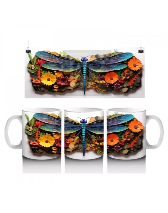 Canlı Çiçekler Üzerine Konmuş Mavi Yusufçuk Tasarımı - Baskılı kahve kupası