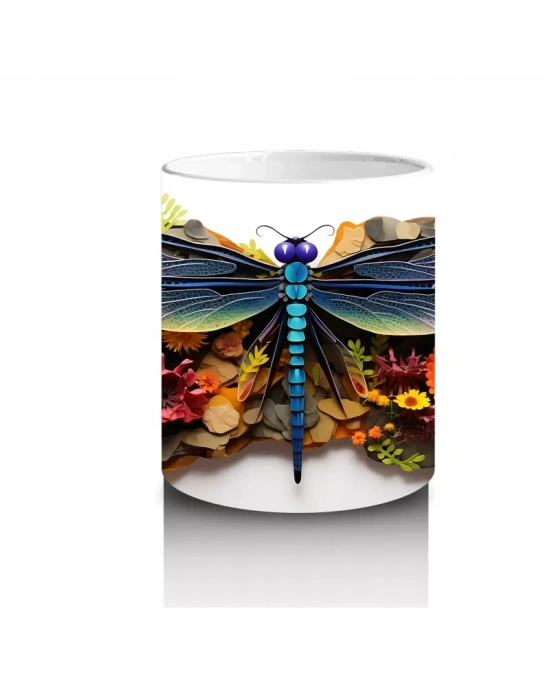 Canlı Çiçekler Üzerine Konmuş Mavi Yusufçuk Tasarımı - Baskılı kahve kupası