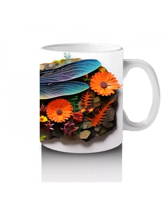 Canlı Çiçekler Üzerine Konmuş Mavi Yusufçuk Tasarımı - Baskılı kahve kupası