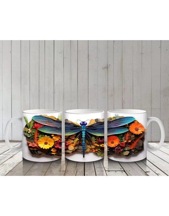 Canlı Çiçekler Üzerine Konmuş Mavi Yusufçuk Tasarımı - Baskılı kahve kupası