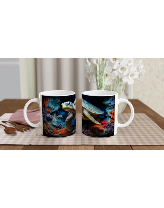 Canlı Mercanlar Arasında Yüzen Deniz Kaplumbağası Kupa Bardak