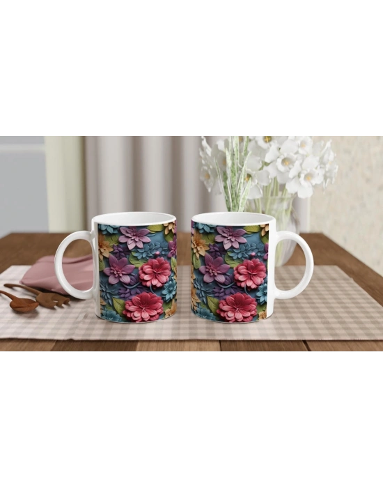 Canlı Renkli Çiçek Kolajlı Kupa Bardak