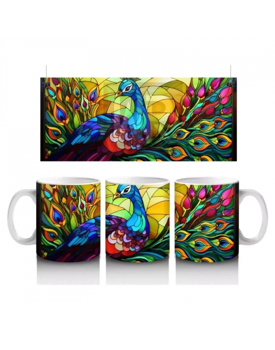 Canlı Renkli Tüyleriyle Mozaik Tavus Kuşu – Baskılı Kahve Kupası