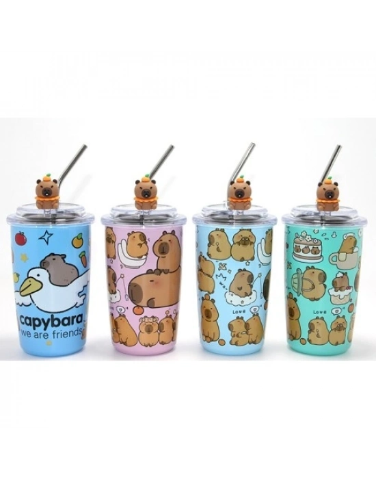 Capybara Figürlü Isı Muhafazalı Metal Pipetli Paslanmaz Çelik Kupa