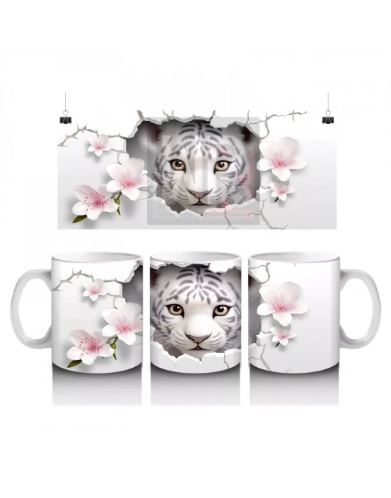 Çatlak Çiçekli Zeminden Bakan Beyaz Kaplan - Baskılı kahve kupası