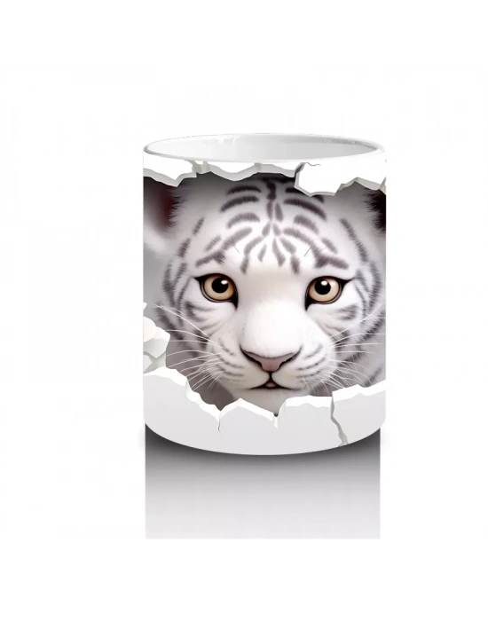 Çatlak Çiçekli Zeminden Bakan Beyaz Kaplan - Baskılı kahve kupası