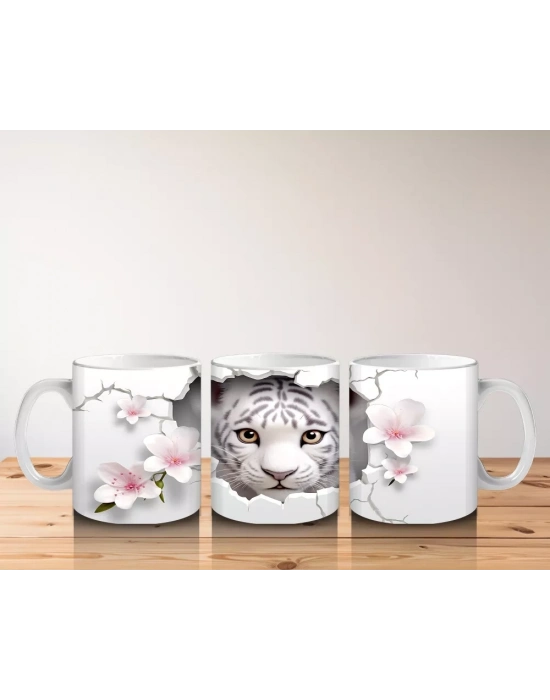 Çatlak Çiçekli Zeminden Bakan Beyaz Kaplan - Baskılı kahve kupası
