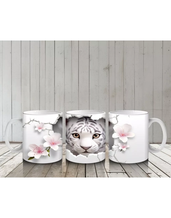 Çatlak Çiçekli Zeminden Bakan Beyaz Kaplan - Baskılı kahve kupası