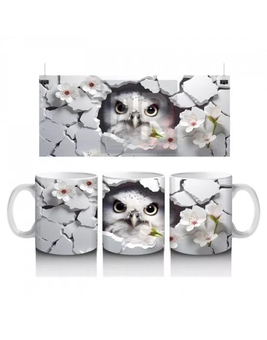 Çatlak Duvar Arasında Baykuş ve Çiçekler – Baskılı Kahve Kupası