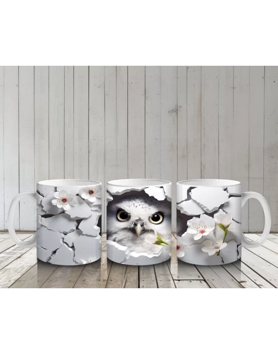 Çatlak Duvar Arasında Baykuş ve Çiçekler – Baskılı Kahve Kupası