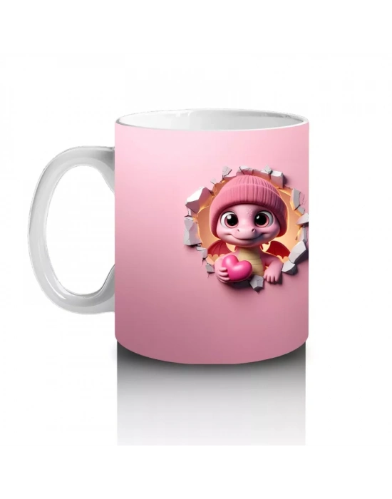 Çatlak Duvar Arasında Beliren Sevimli Dinozor Bebek (Ön ve Arka) - Baskılı kahve kupası