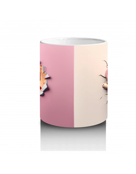 Çatlak Duvar Arasında Beliren Sevimli Dinozor Bebek (Ön ve Arka) - Baskılı kahve kupası