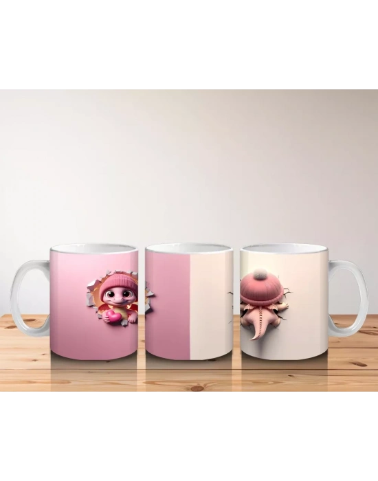 Çatlak Duvar Arasında Beliren Sevimli Dinozor Bebek (Ön ve Arka) - Baskılı kahve kupası