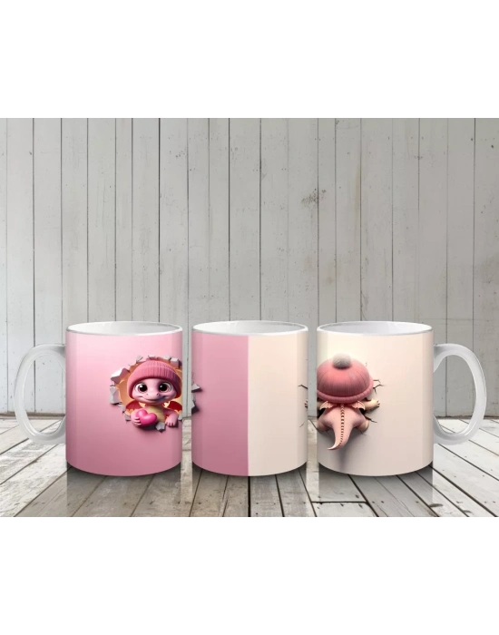 Çatlak Duvar Arasında Beliren Sevimli Dinozor Bebek (Ön ve Arka) - Baskılı kahve kupası