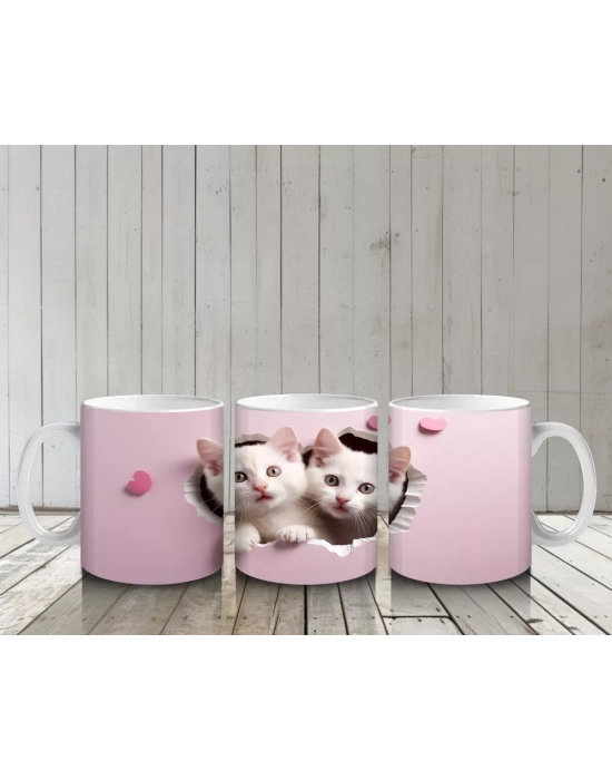 Çatlak Duvar Arasında Meraklı Beyaz Yavru Kediler - Baskılı kahve kupası