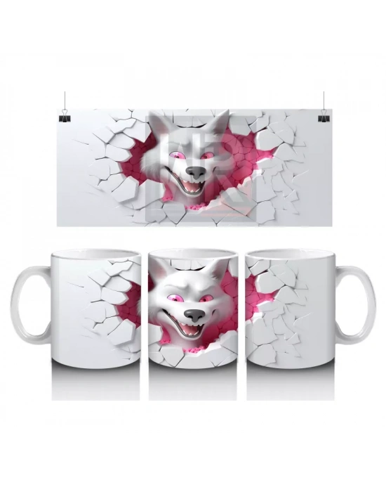 Çatlak Duvar Arasında Pembe Gözlü Kurt Figürü - Baskılı kahve kupası