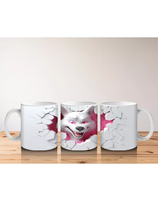 Çatlak Duvar Arasında Pembe Gözlü Kurt Figürü - Baskılı kahve kupası