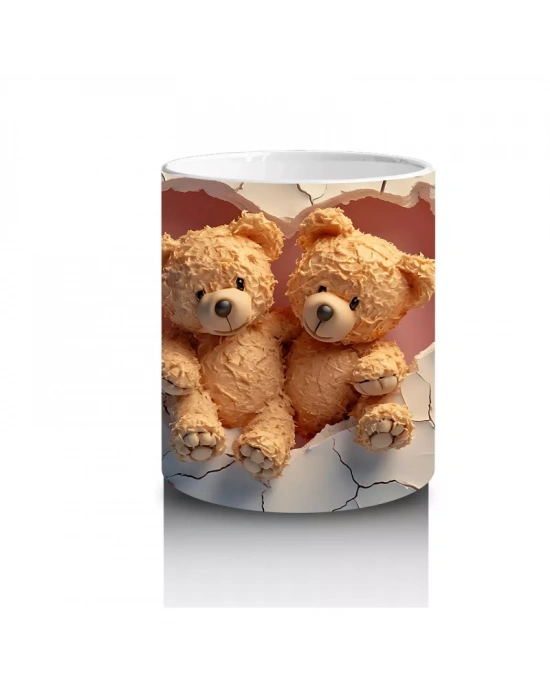 Çatlak Duvar Arasında Sarılmış İki Peluş Ayıcık - Baskılı kahve kupası
