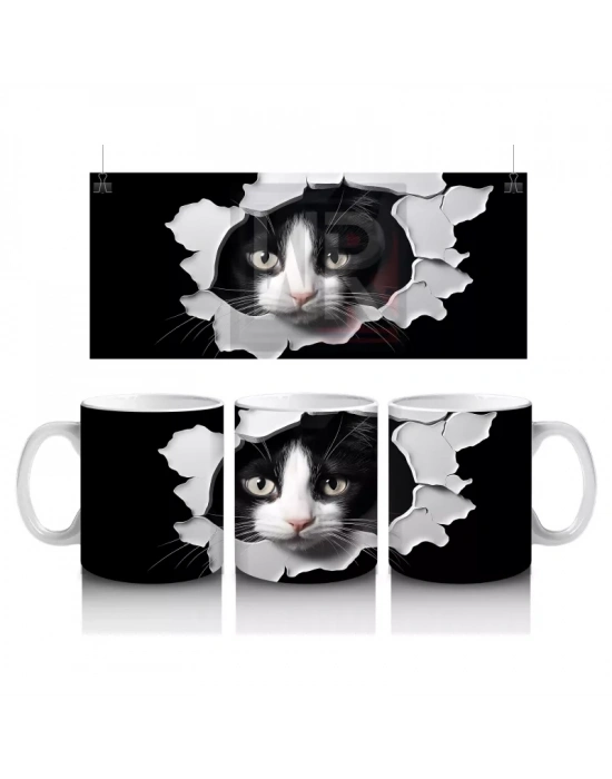 Çatlak Duvar Arasında Siyah Beyaz Kedi – Baskılı Kahve Kupası