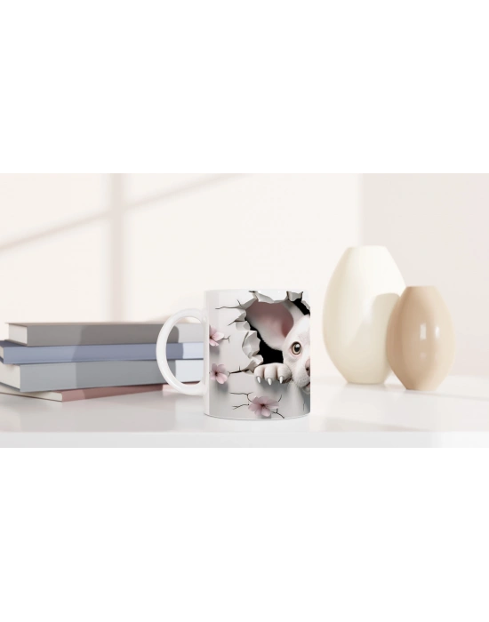 Çatlak Duvar Arasından Bakan Sevimli Beyaz Köpek Baskılı Kupa Bardak