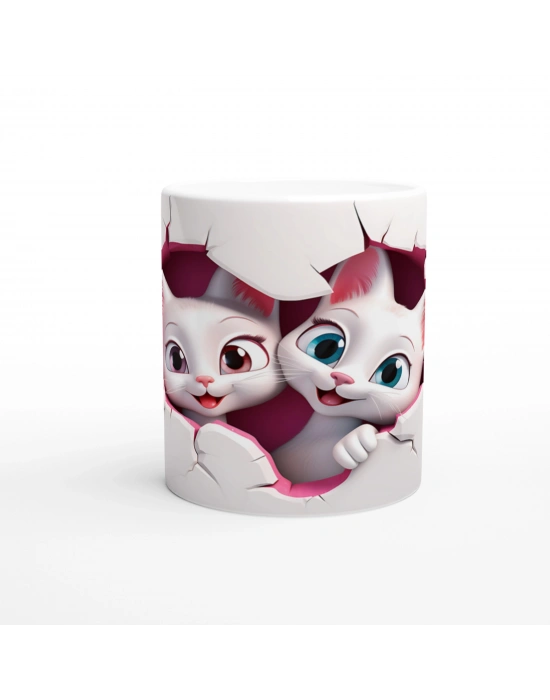 Çatlak Duvar Arasından Bakan Sevimli Çift Kedi Baskılı Kupa Bardak