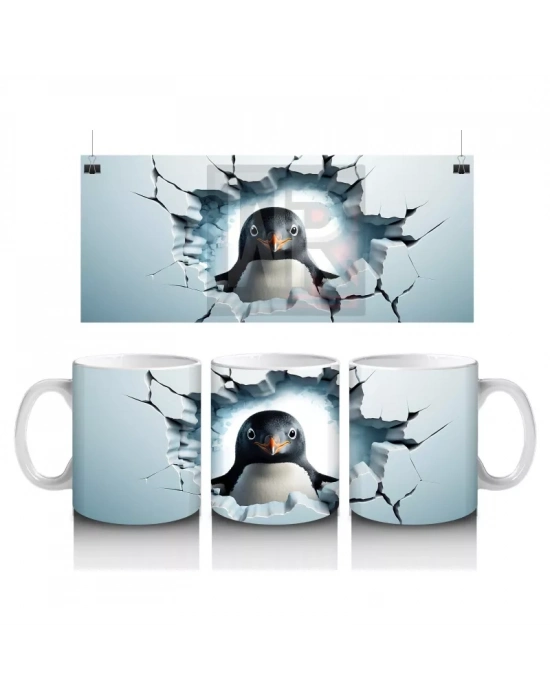 Çatlak Duvar Arasından Bakan Tatlı Penguen – Baskılı Kahve Kupası