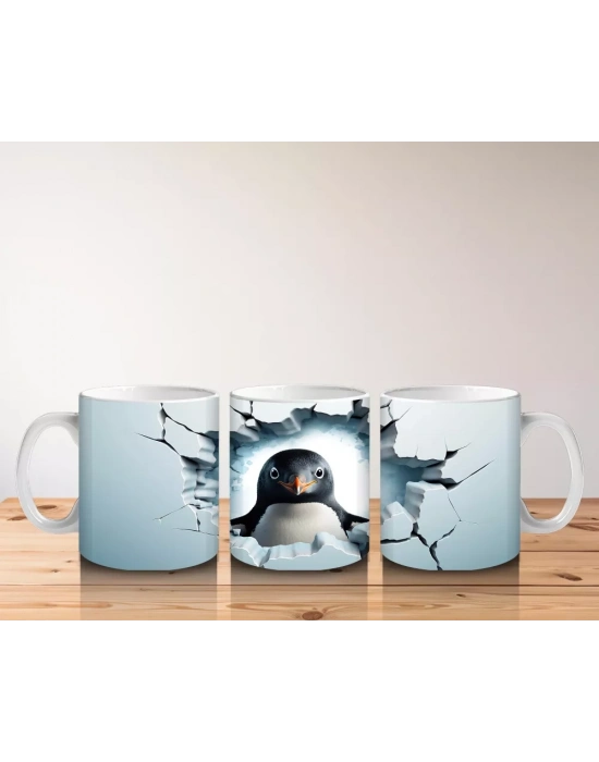 Çatlak Duvar Arasından Bakan Tatlı Penguen – Baskılı Kahve Kupası