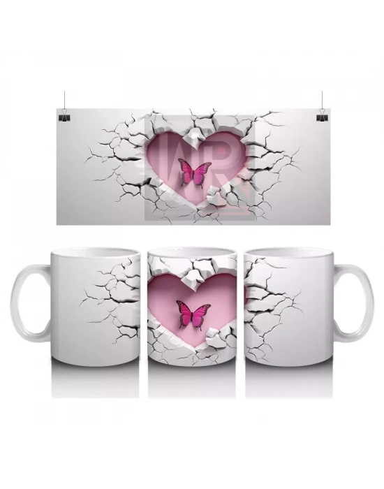 Çatlak Duvar Kalbi İçinde Uçan Kelebek – Baskılı Kahve Kupası