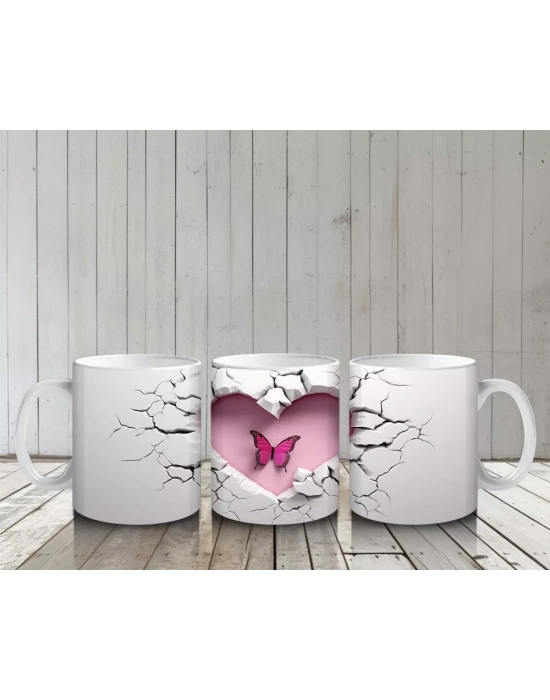 Çatlak Duvar Kalbi İçinde Uçan Kelebek – Baskılı Kahve Kupası