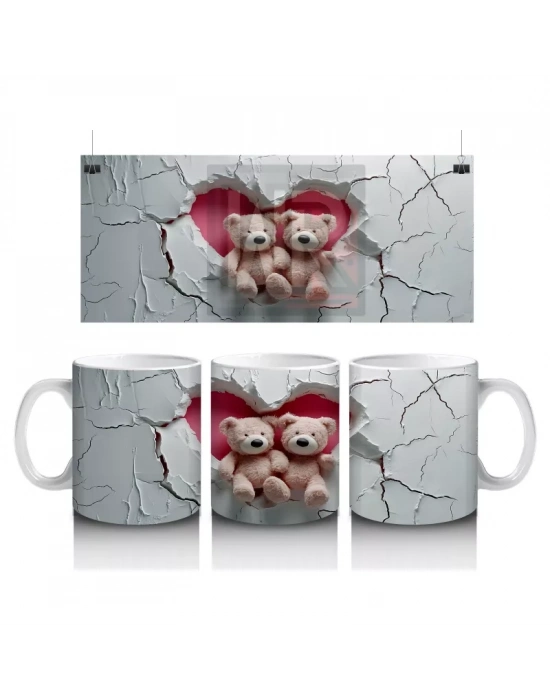 Çatlak Duvar Önünde Peluş Ayı Kardeşler – Baskılı Kahve Kupası