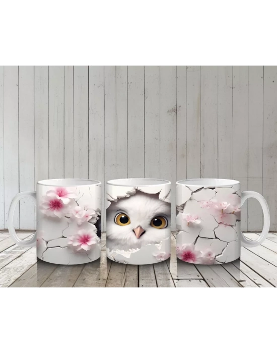 Çatlak Duvar Önünde Sarı Gözlü Baykuş – Baskılı Kahve Kupası