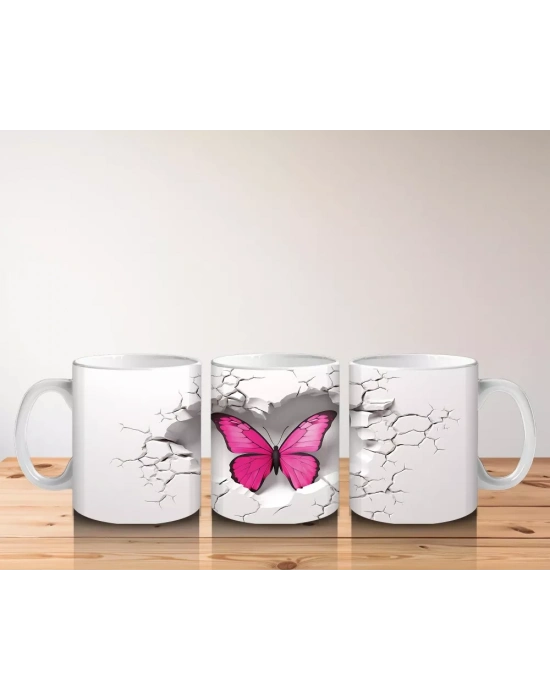 Çatlak Duvarda Parlayan Pembe Kelebek – Baskılı Kahve Kupası