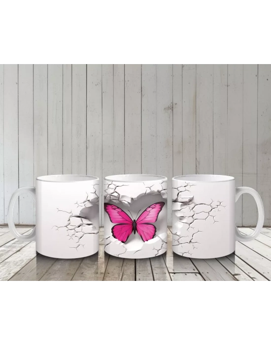 Çatlak Duvarda Parlayan Pembe Kelebek – Baskılı Kahve Kupası