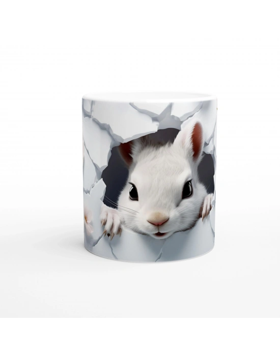 Çatlak Duvardan Bakan Beyaz Fare ve Bahar Çiçekleri Temalı Baskılı Kupa Bardak