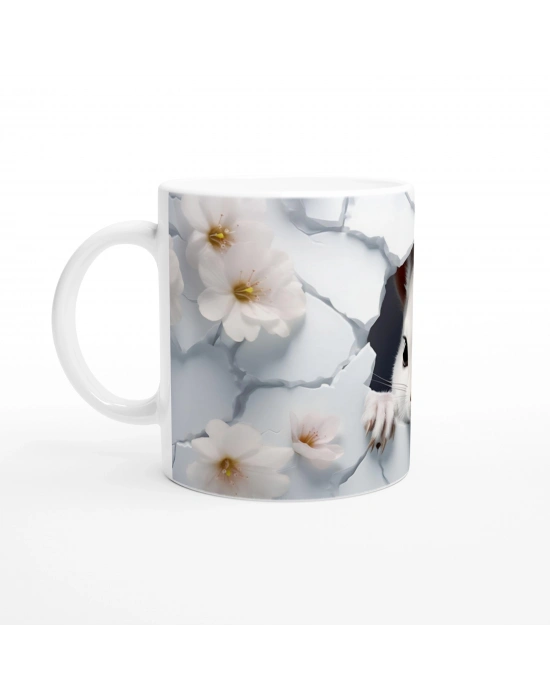 Çatlak Duvardan Bakan Beyaz Fare ve Bahar Çiçekleri Temalı Baskılı Kupa Bardak