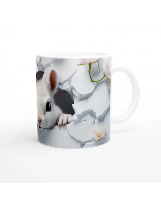 Çatlak Duvardan Bakan Beyaz Fare ve Bahar Çiçekleri Temalı Baskılı Kupa Bardak