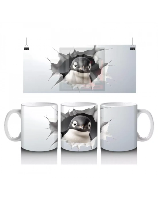 Çatlak Duvardan Bakan Meraklı Penguen – Baskılı Kahve Kupası