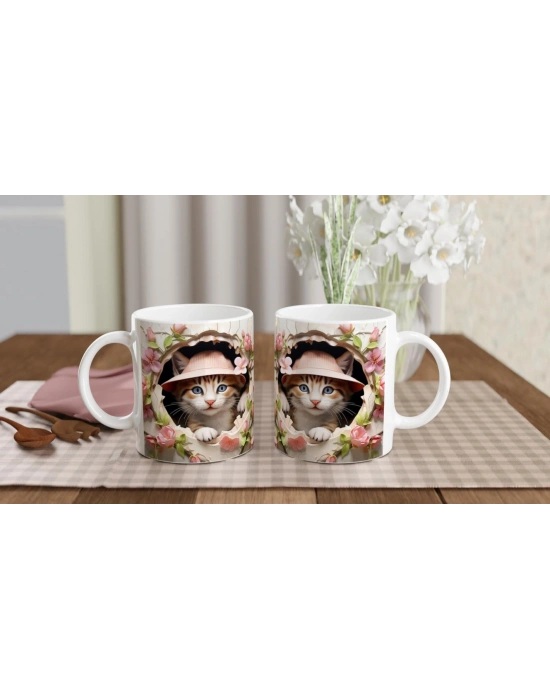 Çatlak Duvardan Bakan Şapkalı Kedi Temalı Baskılı Kupa Bardak