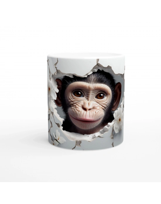 Çatlak Duvardan Bakan Sevimli Şempanze Temalı Baskılı Kupa Bardak
