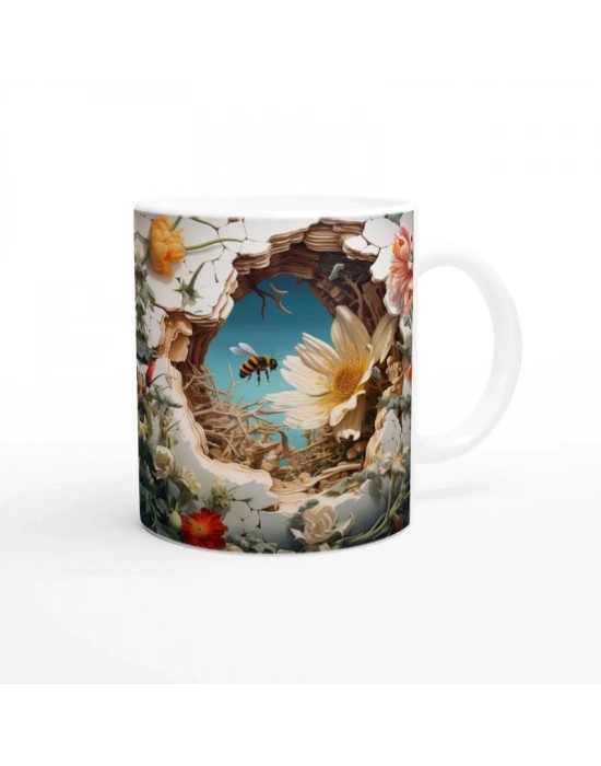 Çatlak Duvardan Uçan Arılar ve Bahar Çiçekleri Temalı Baskılı Kupa Bardak