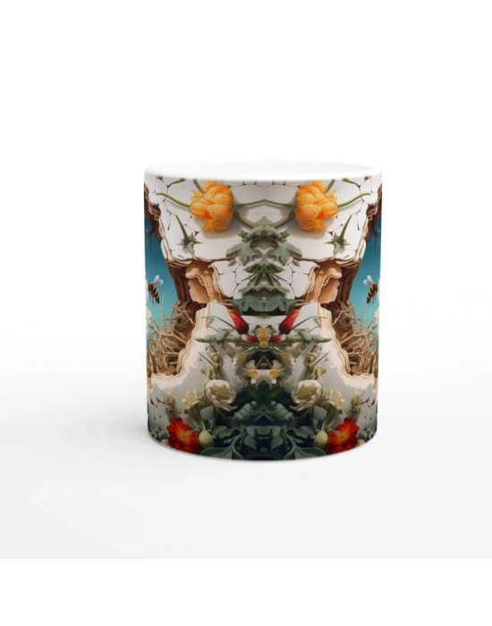 Çatlak Duvardan Uçan Arılar ve Bahar Çiçekleri Temalı Baskılı Kupa Bardak