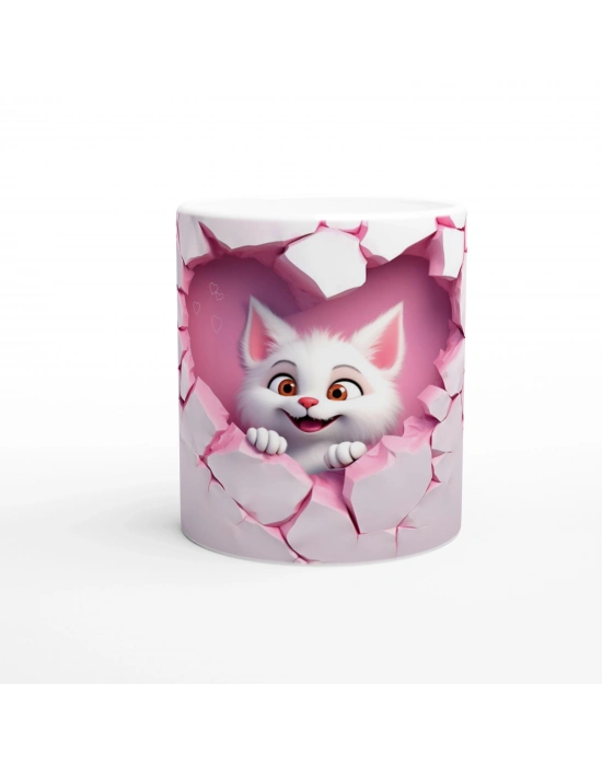 Çatlak Kalpten Bakan Sevimli Beyaz Kedi Temalı Baskılı Kupa Bardak