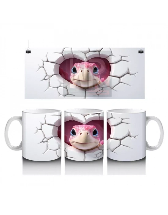 Çatlak Kalpten Bakan Sevimli Kaplumbağa Maskot – Baskılı Kahve Kupası